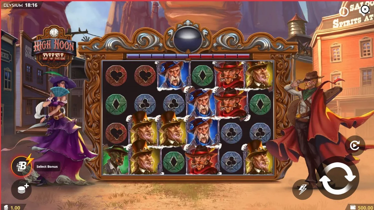 Tampilan visual slot High Noon Duel dengan tema koboi dan gurun