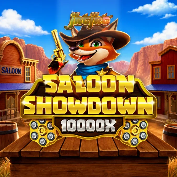 Tampilan visual slot Saloon Showdown 10,000x dengan tema Wild West